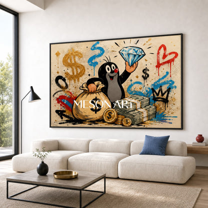 Playful Mole Graffiti Art With Dollar Signs For Modern Living Room Decor