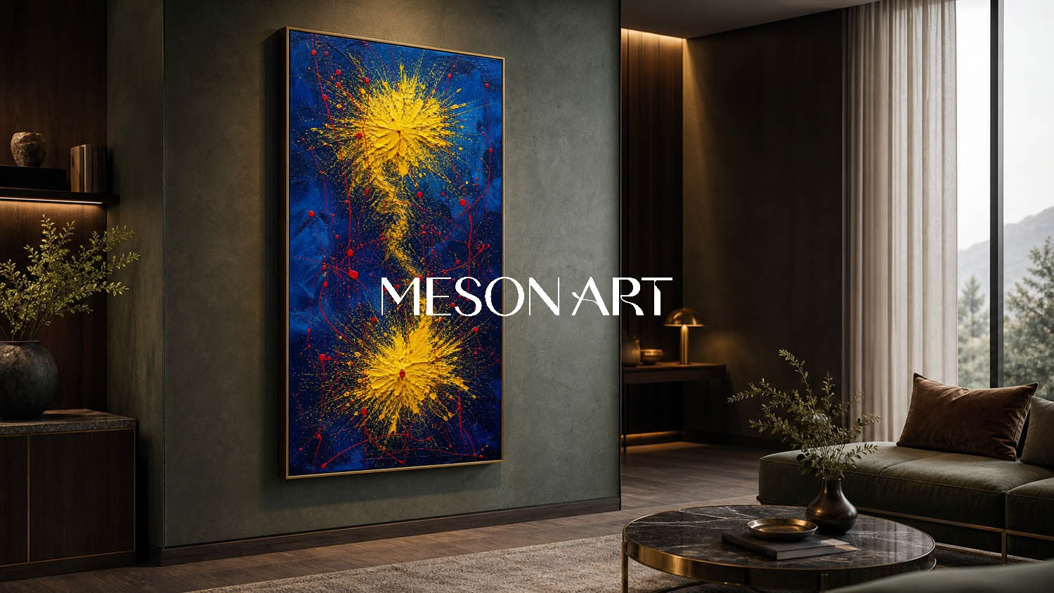 Bold Blue And Gold Abstract Painting With Textured Relief For Modern Living Room Decor