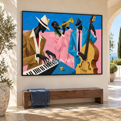 Blue And Pink Pop Art Jazz Painting Original Artist Hand Painted Musical Geometric Rectangular Wall Decor By Mesonart