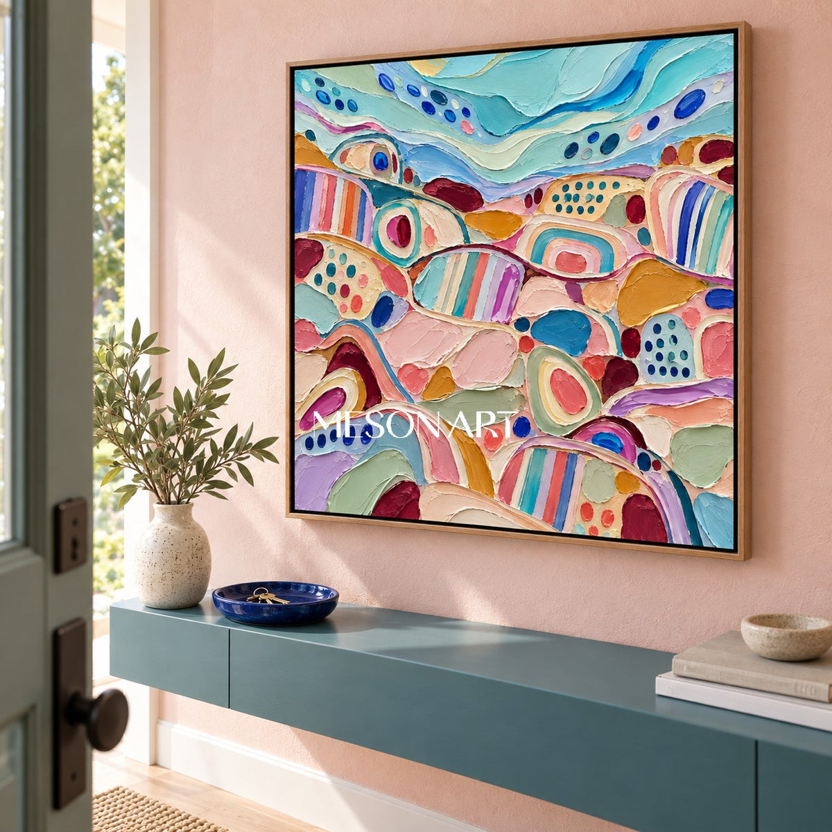 Blue And Pink Abstract Modern Art Square Canvas Wall Decor For Living Room Original By Mesonart