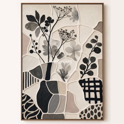 Wabi Sabi Botanical Art With Textured Relief For Modern Living Room Decor