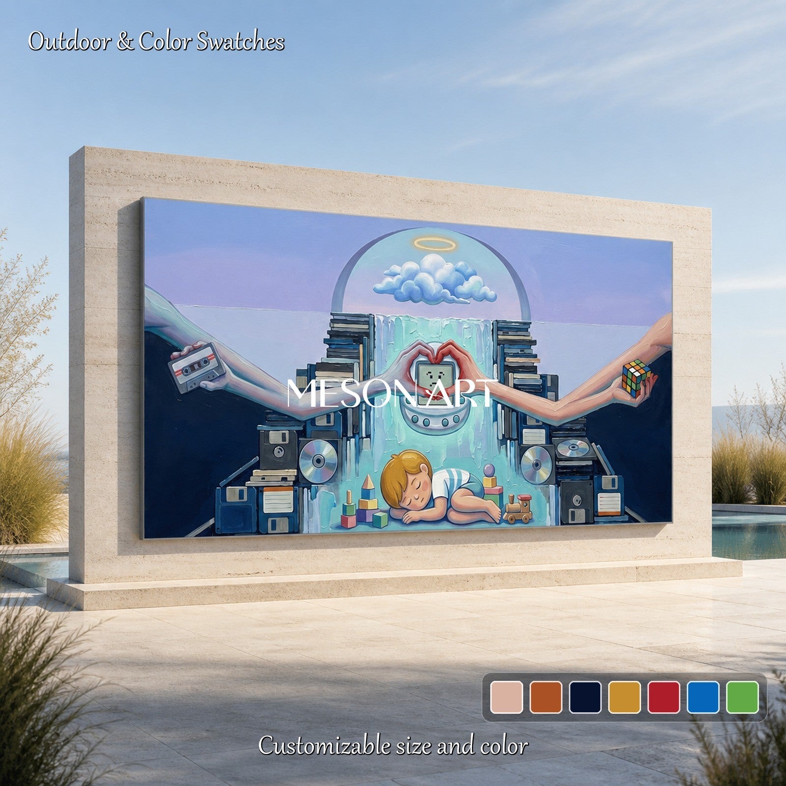 Blue And White Surrealism Painting Panoramic Wall Art For Living Room By Mesonart