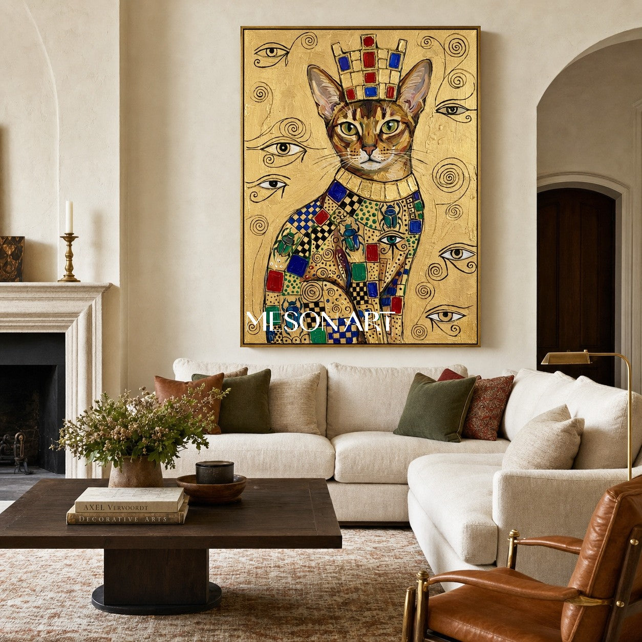 Golden Cat Portrait Painting Inspired By Klimt And Ancient Egypt For Luxury Home Decor