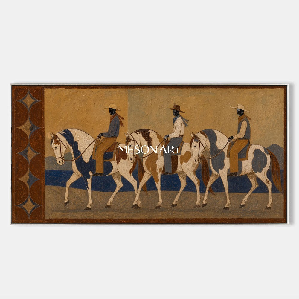 Vintage Western Horse Riders Painting Earthy Tones Decorative Art For Home Wall