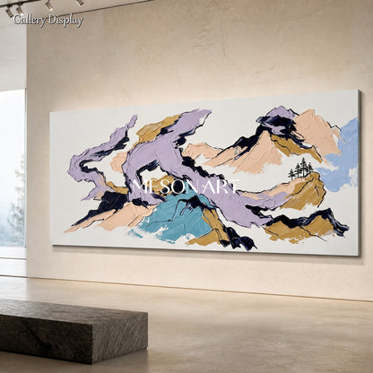 Pastel Purple And Beige Mountain Landscape Painting Impasto Modern Wall Art Panoramic By Mesonart