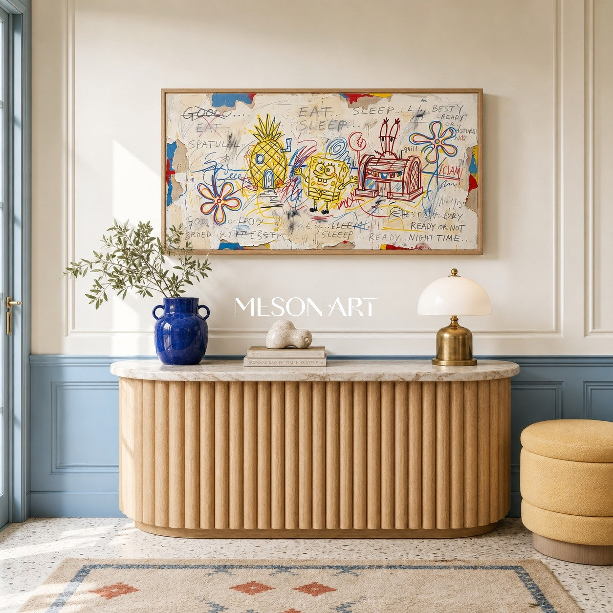 Yellow And Blue Pop Art Graffiti Painting Panoramic Wall Decor For Living Room By Mesonart
