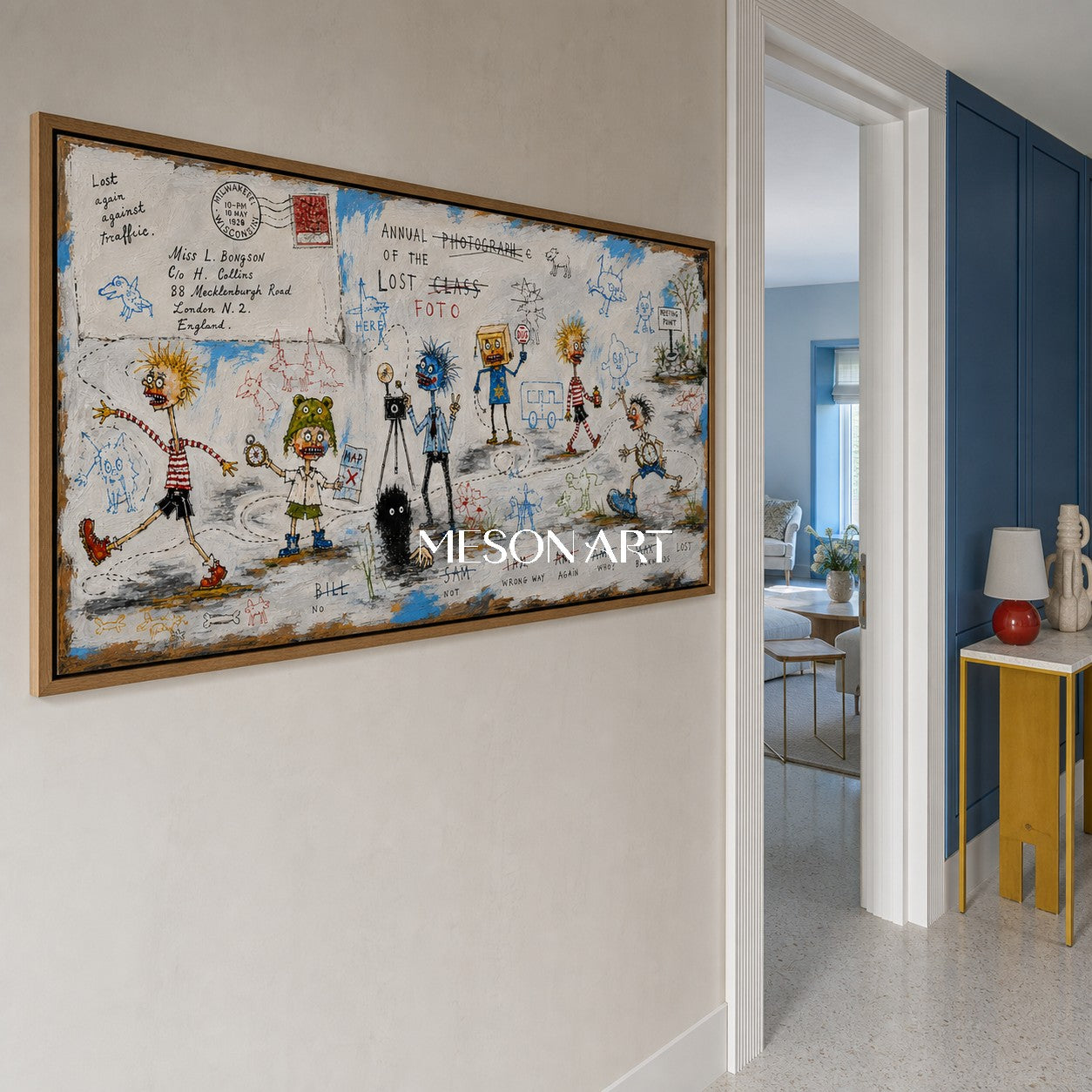 Blue And White Graffiti Narrative Figurative Cartoon Panoramic Wall Art For Living Room By Mesonart