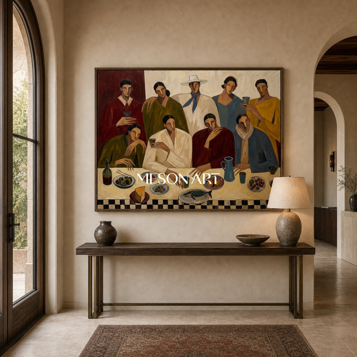 Modern Figurative Painting Of People Dining With Earthy Colors For Home