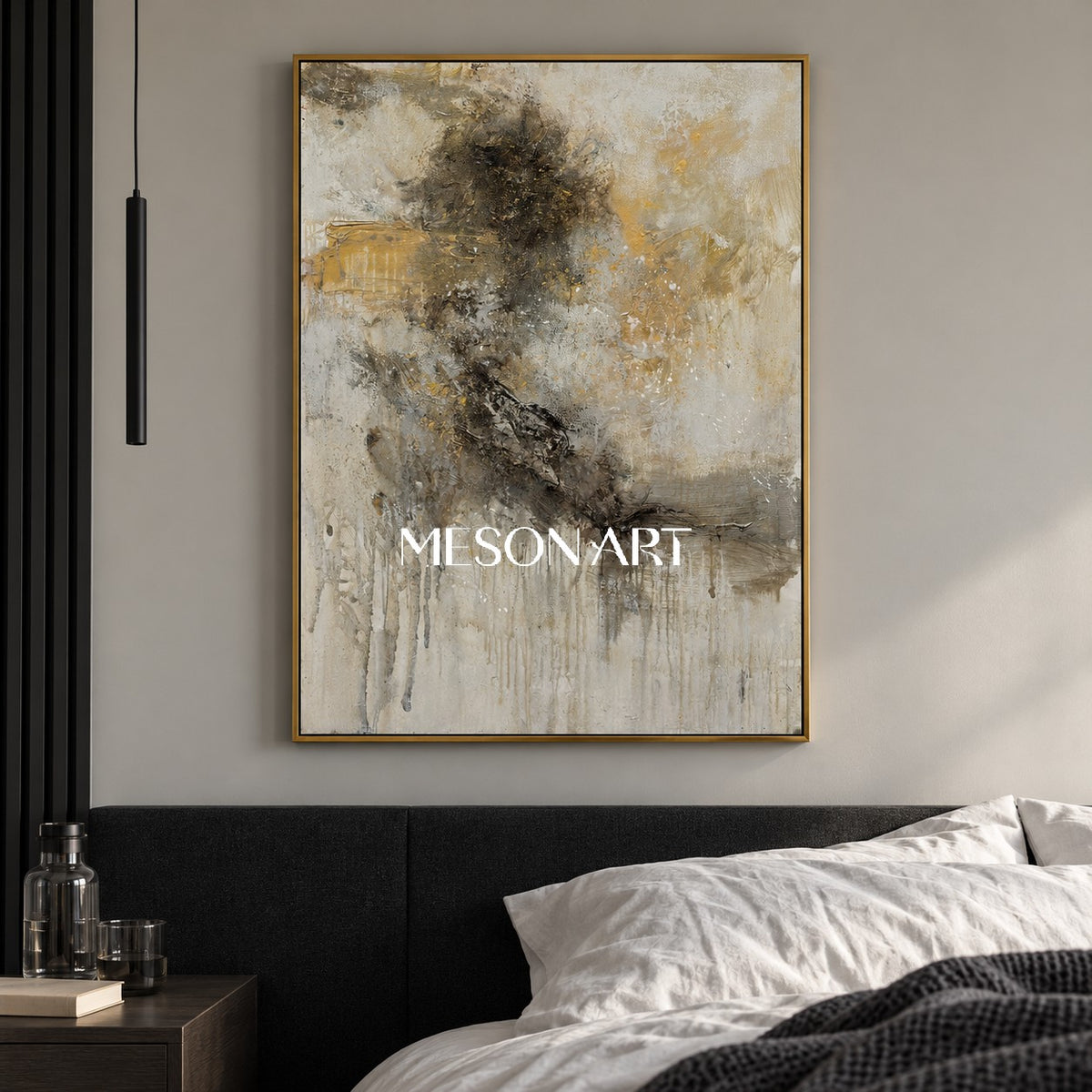 Black And Beige Abstract Painting Original Artist Large Textured Canvas Wall Art For Living Room Rectangular By Mesonart