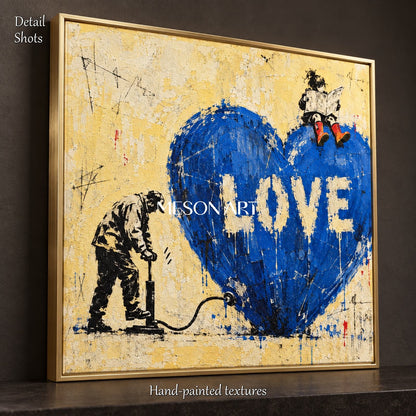 Blue And Yellow Graffiti Pop Art Painting Original Artist Hand Painted Square Wall Art For Living Room By Mesonart