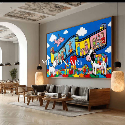 Whimsical Pop Art Canvas With Animals And Film Strip For Kids Bedroom Decor