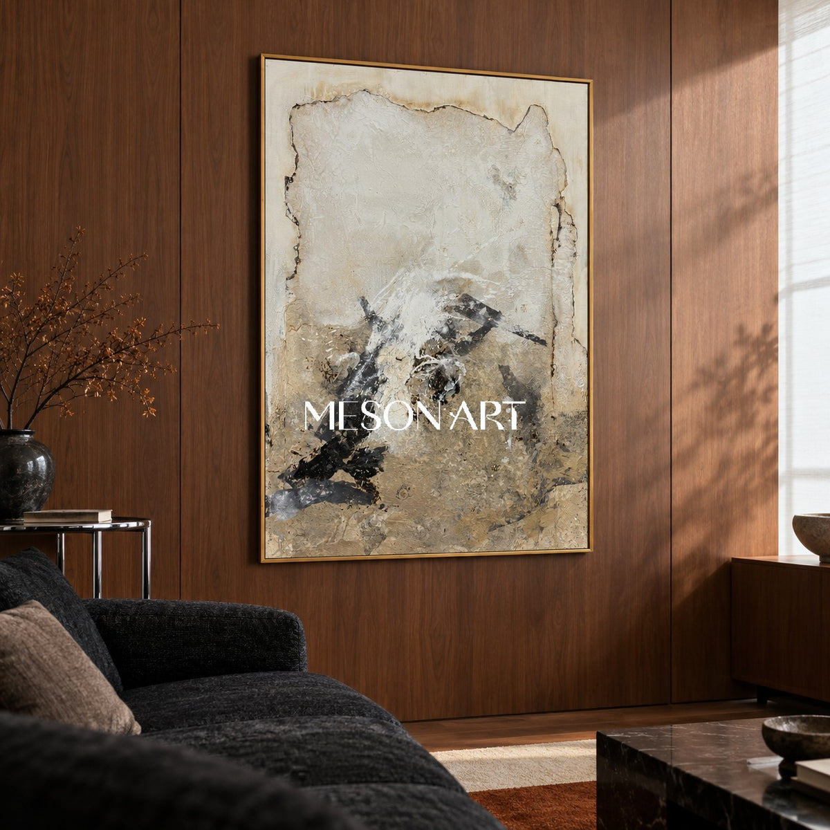 Black And Beige Abstract Art Original Artist Hand Painted Mixed Media Rectangular Wall Art For Living Room By Mesonart