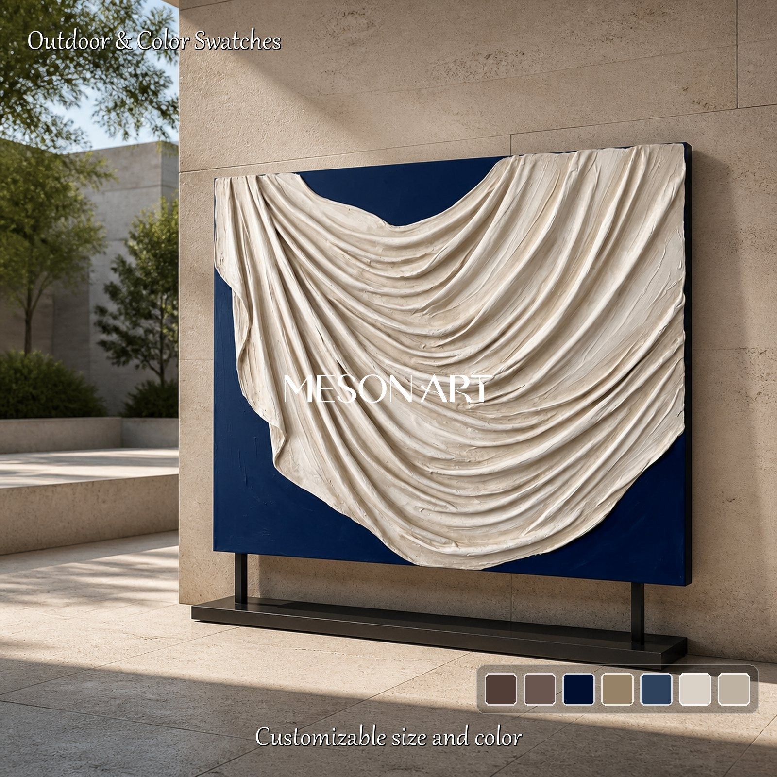 White And Blue Minimalist Textured Art Plaster Relief 3D Sculptural Wall Rectangular By Mesonart