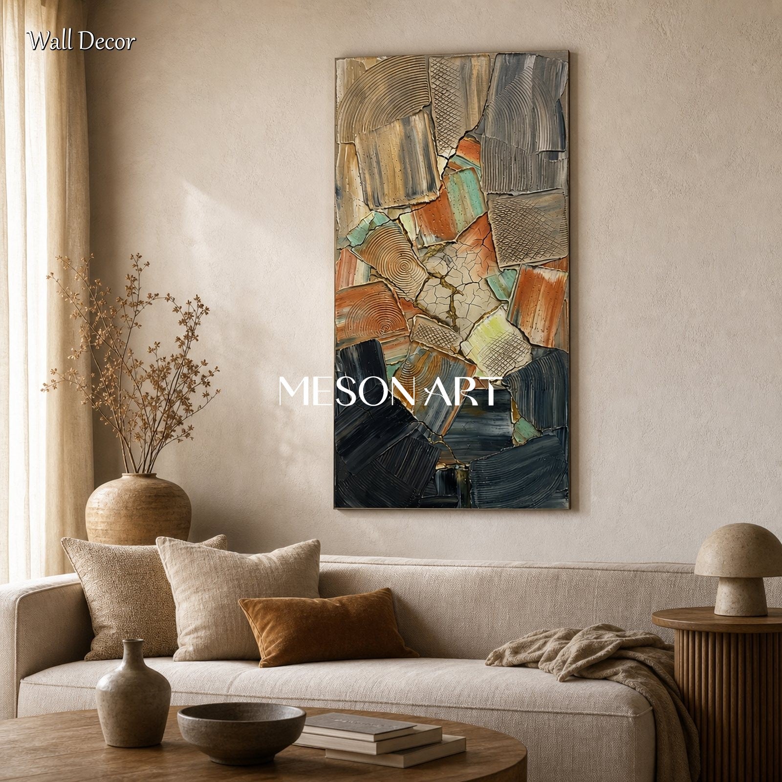 Brown Wabi Sabi Abstract Painting With Textured Relief For Modern Living Room Decor