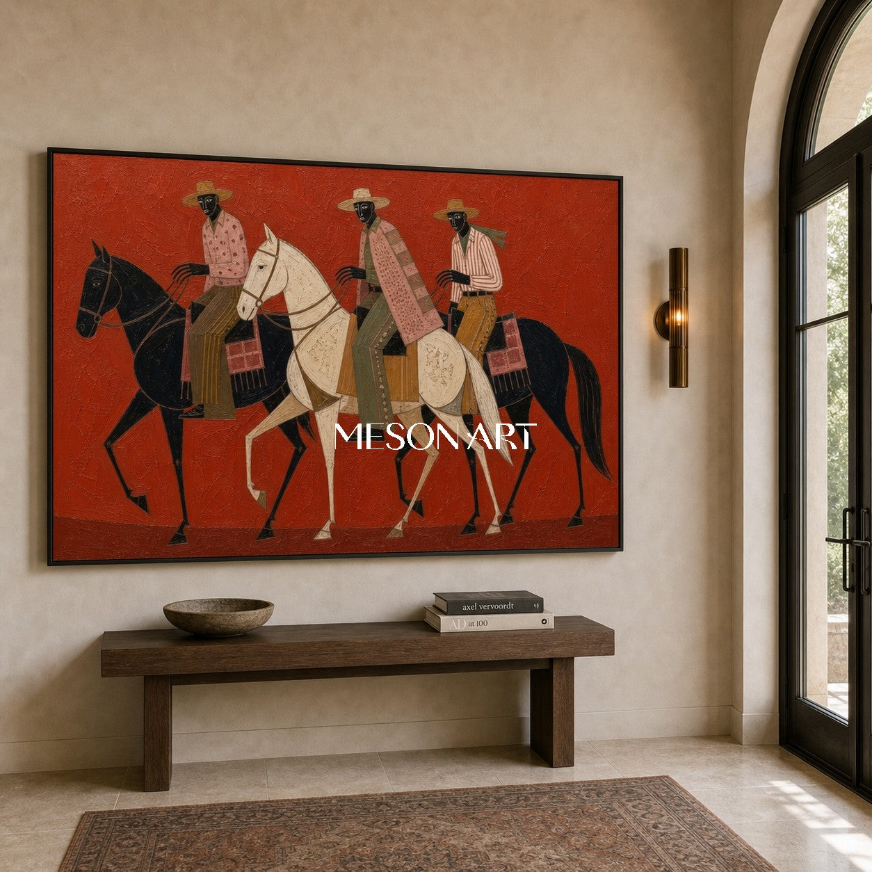 Abstract Geometric Horse Painting With Textured Red Background For Modern Living Room Decor