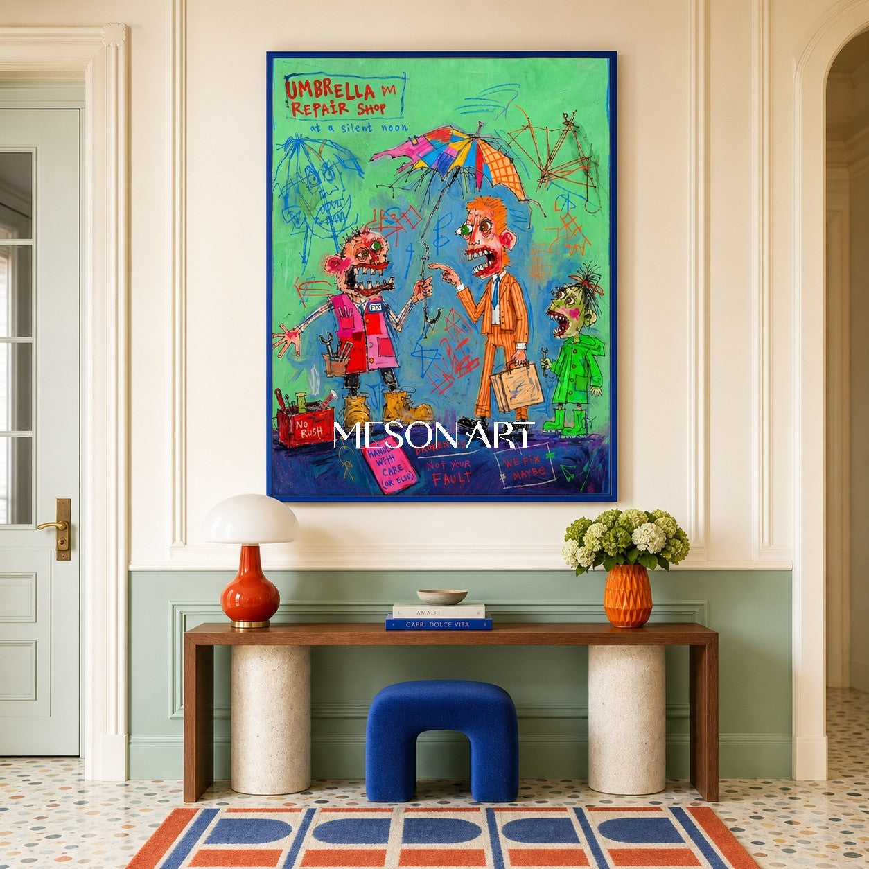 Green And Blue Graffiti Narrative Figurative Cartoon Art Rectangular Wall Decor For Living Room By Mesonart