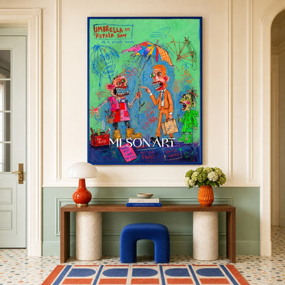 Green And Blue Graffiti Narrative Figurative Cartoon Art Rectangular Wall Decor For Living Room By Mesonart