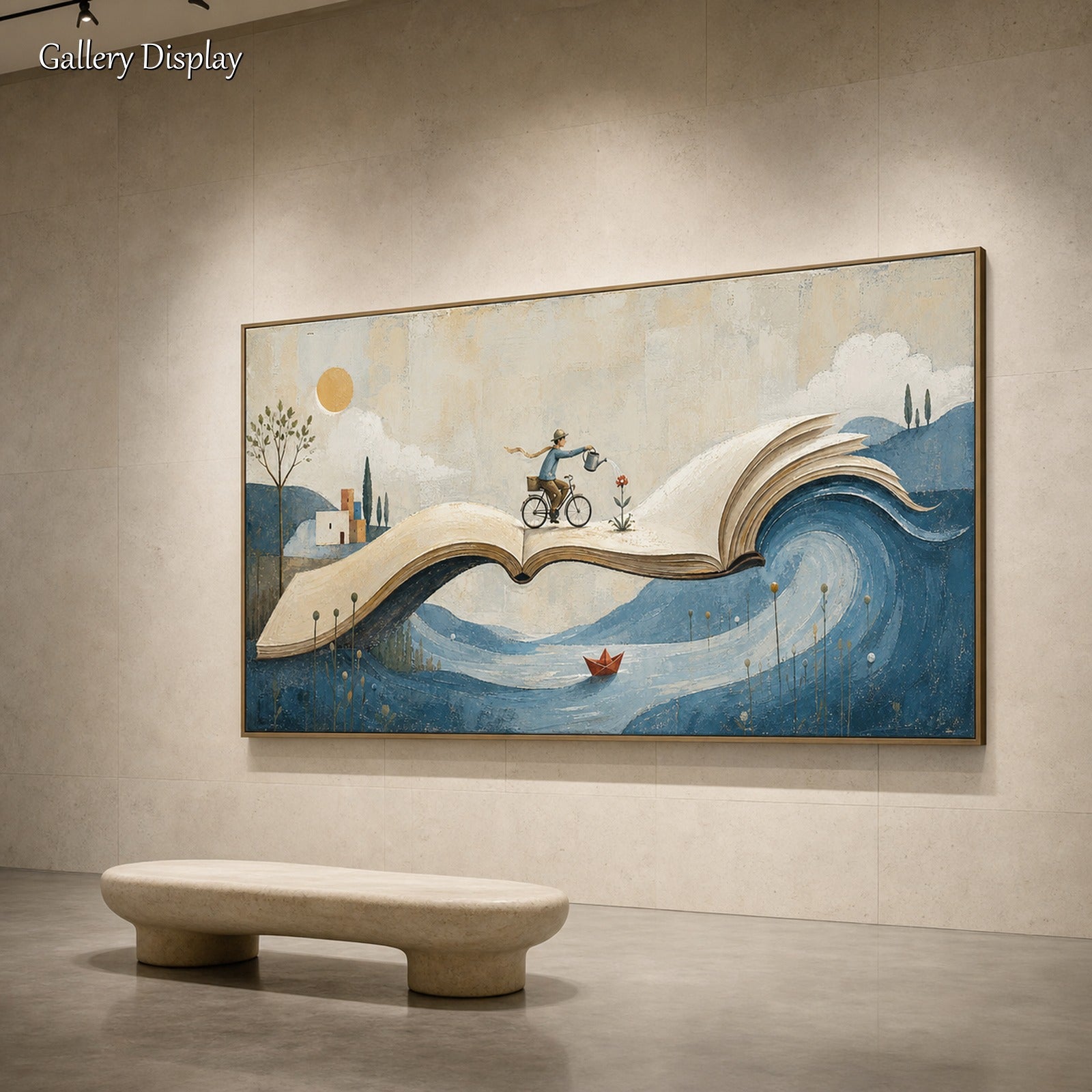 Surrealist Fantasy Painting With Book And Wave For Modern Living Room Decor