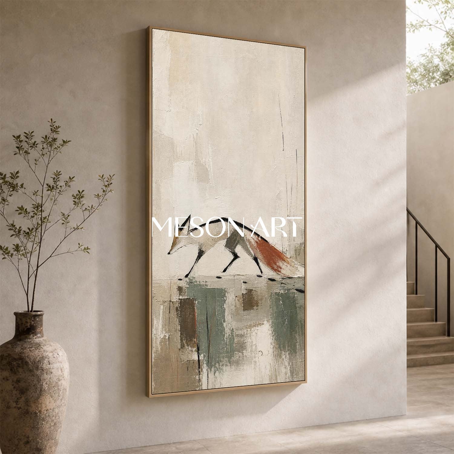 Minimalist Fox Canvas Art Abstract Animal Painting For Modern Entryway Decor