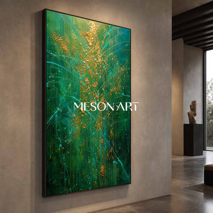 Emerald Green And Gold Pollock Abstract Style Painting For Modern Living Room Entryway Decor