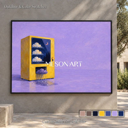 Rechteckiges Leinwandgemälde im Stil des Surrealismus in Lila und Gelb – Original, handgemalt vom Künstler für das Wohnzimmer, von Mesonart