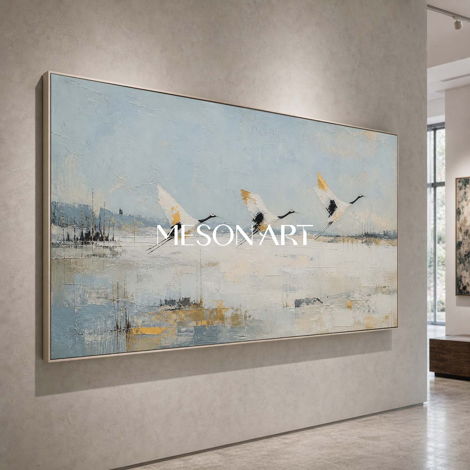 Minimalist Crane Landscape Painting Abstract Blue White Wall Art For Modern Living Room Bedroom Decor