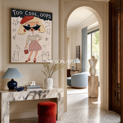 Playful Pop Art Cartoon Girl Painting With Red Beret For Contemporary Bedroom Decor