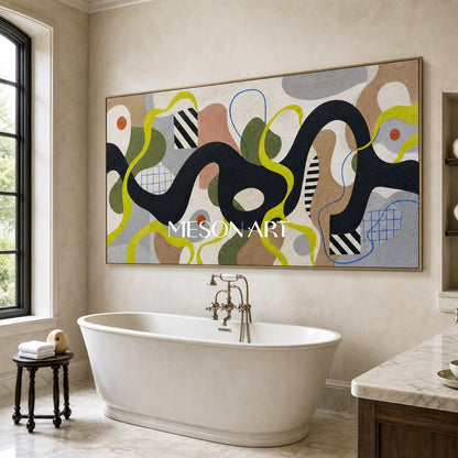 Mid Century Modern Abstract Painting With Organic Shapes And Geometric Lines For Living Room Decor