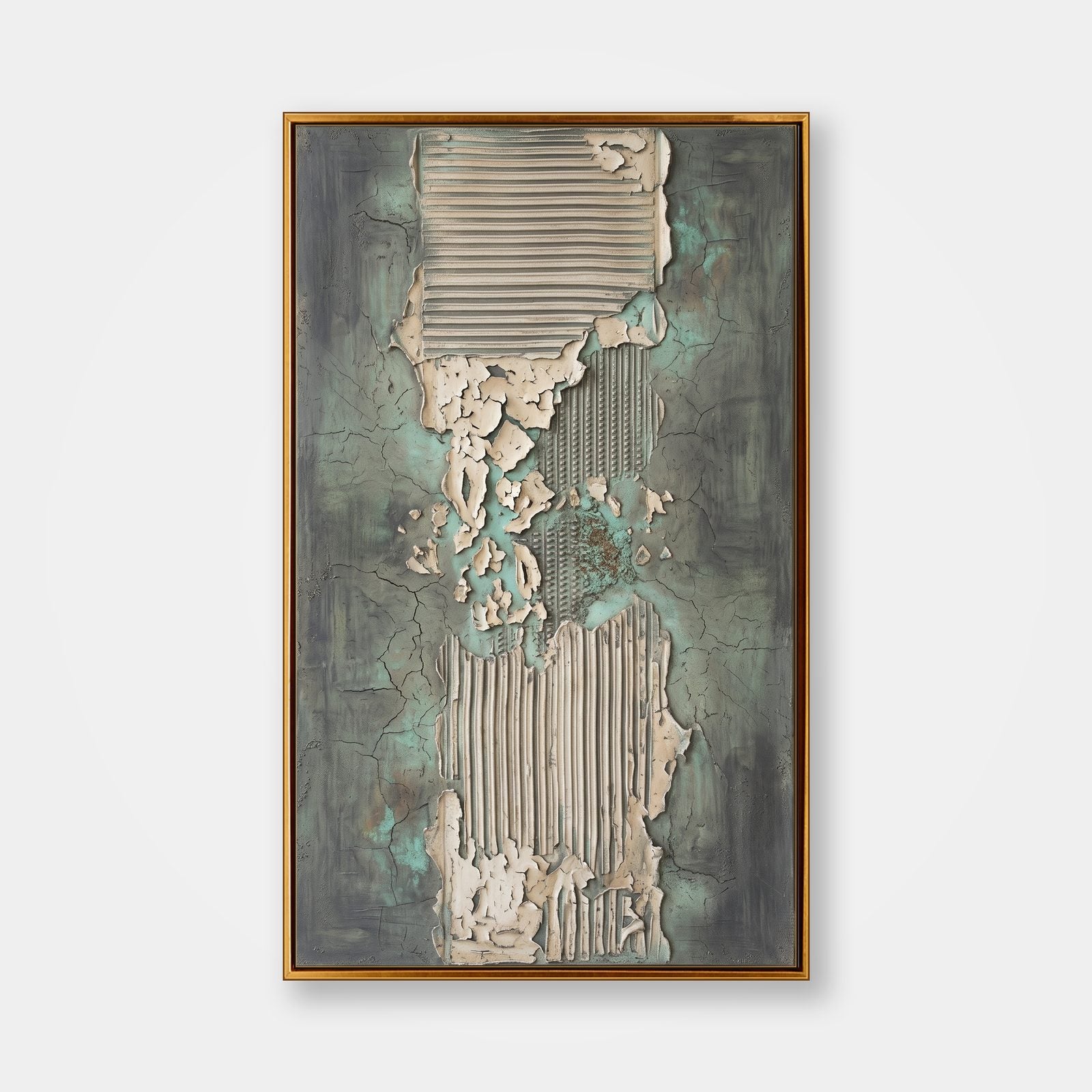 Green And Gray Textured Plaster Art With Geometric Relief For Modern Home Decor