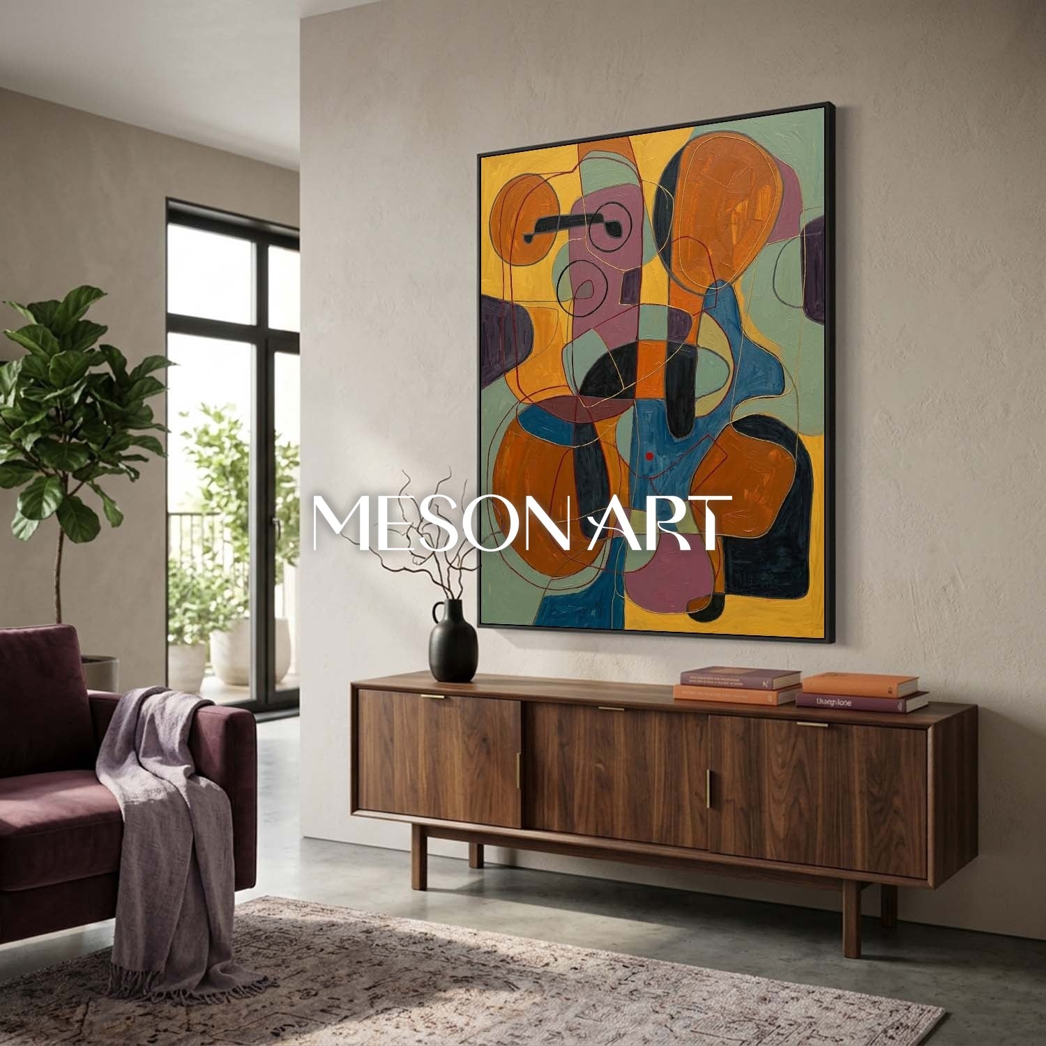 Contemporary Abstract Oil Painting With Orange And Blue Tones For Modern Living Room Decor