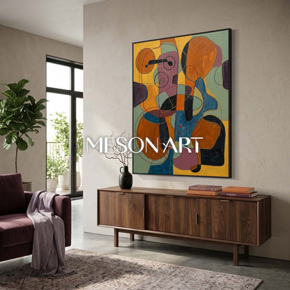 Contemporary Abstract Oil Painting With Orange And Blue Tones For Modern Living Room Decor