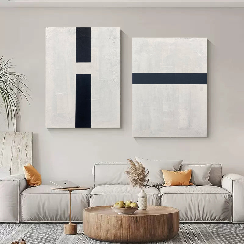 Black and White Minimalist Abstract Painting Minimalist Art on Canvas Set of 2 for sale
