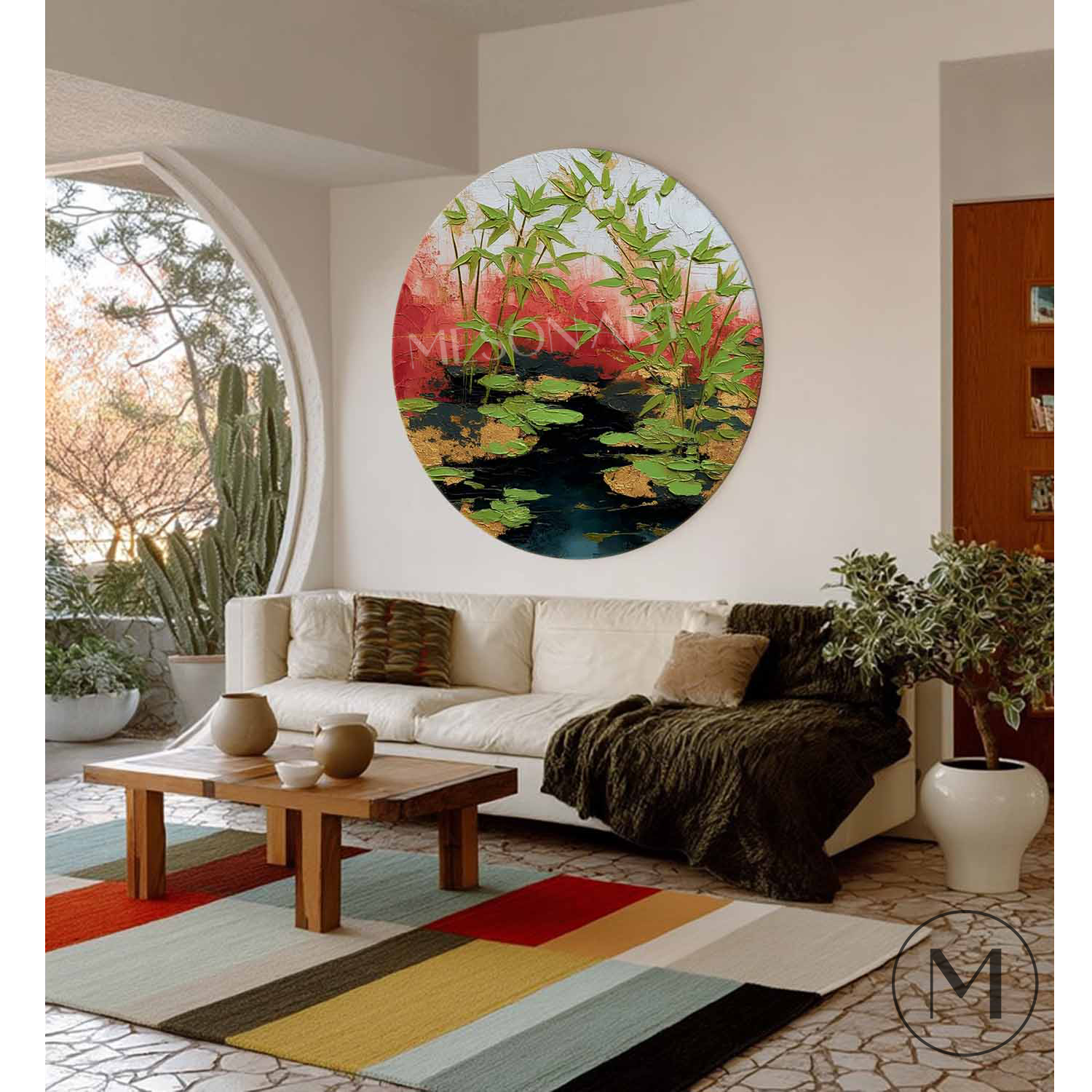 Wabi-Sabi Bamboo & Pond Wall Art Modern Bamboo Zen Wall Art Hand-Painted Round Textured Landscape