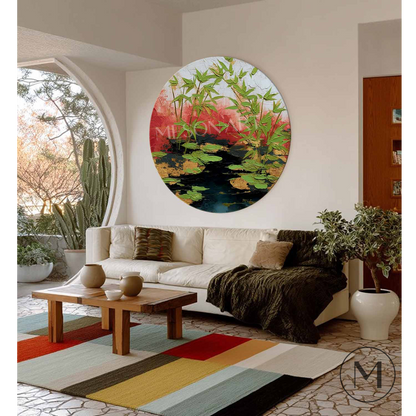 Wabi-Sabi Bamboo & Pond Wall Art Modern Bamboo Zen Wall Art Hand-Painted Round Textured Landscape