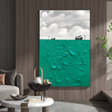 Green and White Canvas Painting Green Oil Painting Textured Wall Art Green Abstract Art 3D Plaster Art