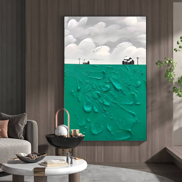 Green and White Canvas Painting Green Oil Painting Textured Wall Art Green Abstract Art 3D Plaster Art