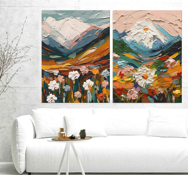 Thick Colorful Abstract Landscape Textured Oil Painting on Canvas Set of 2 flowers oil painting