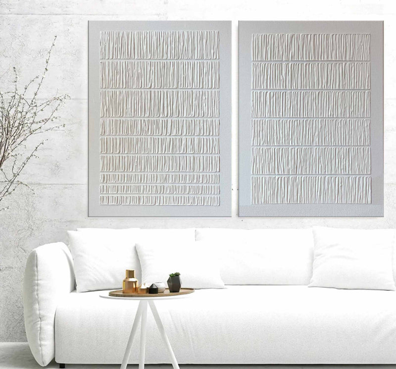 3D White Plaster Abstract Art Set Of 2 Plaster Painting On Canvas For Sale Plaster Canvas Artwork