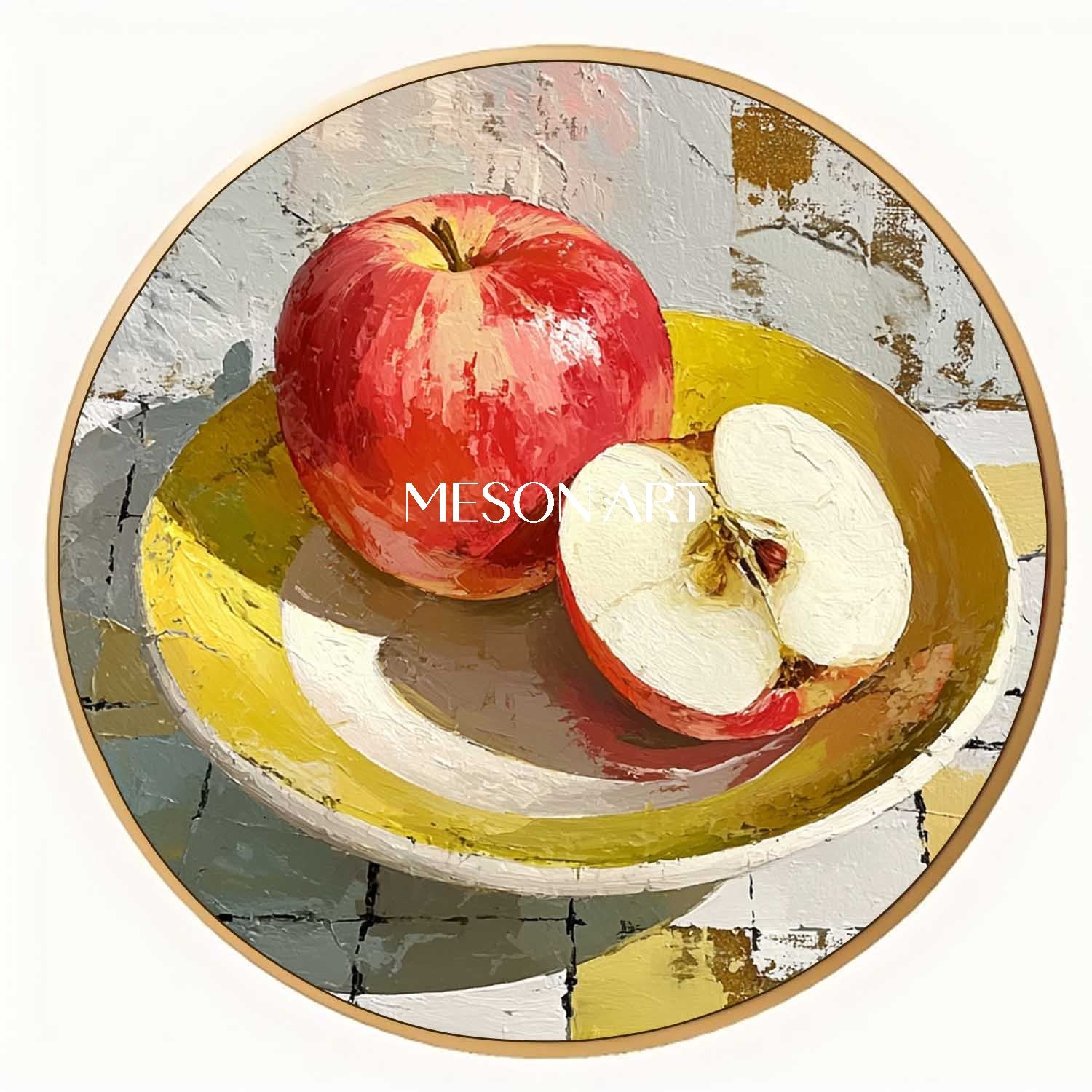 Round Canvas Printing – Apple Still Life Painting in Yellow Bowl