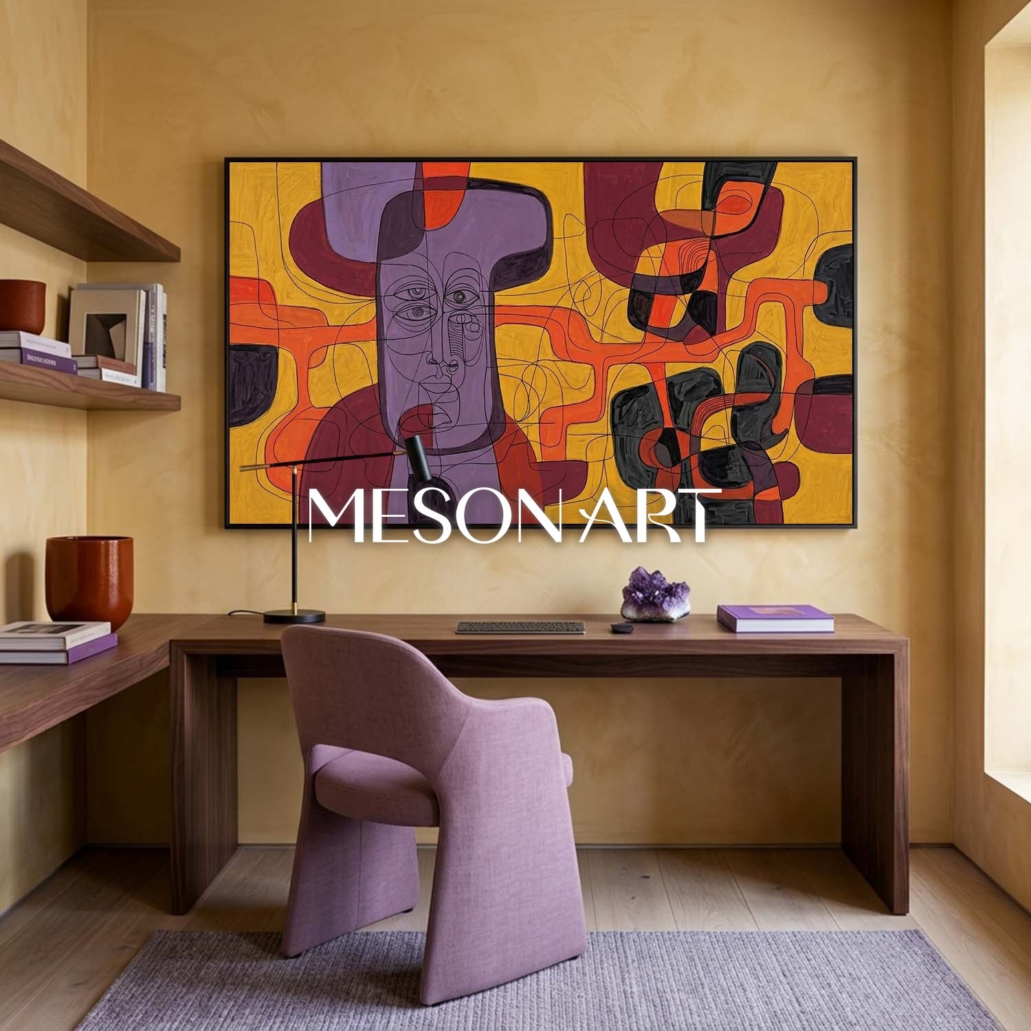 Contemporary Abstract Portrait Painting With Purple And Orange Tones For Modern Living Room Decor