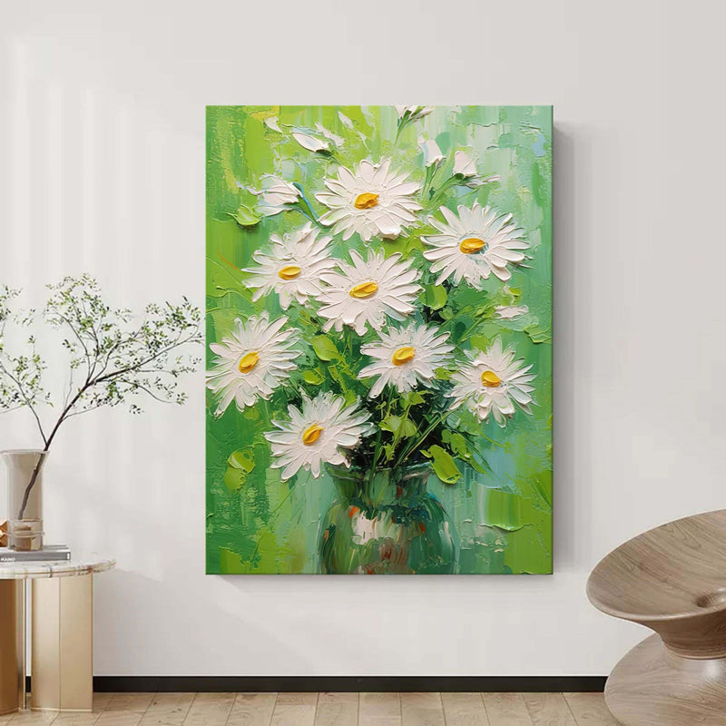 White Flowers Oil Paintings For Sale Green And White Vase Canvas Art Still Life Painting Texture Art