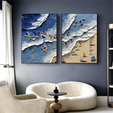 Large Seaside Beach Canvas Oil Painting Set of 2 Wave Beach Texture Wall Paintings For Sale