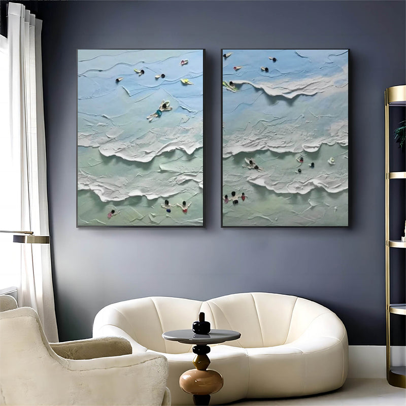 Set Of 2 Blue Sea Beach Shore Canvas Oil Painting For Sale Sea Beach Shore Texture Wall Art