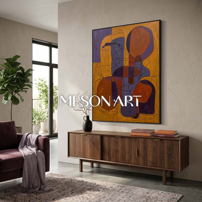 Contemporary Abstract Art With Ochre And Indigo For Modern Living Room Decor