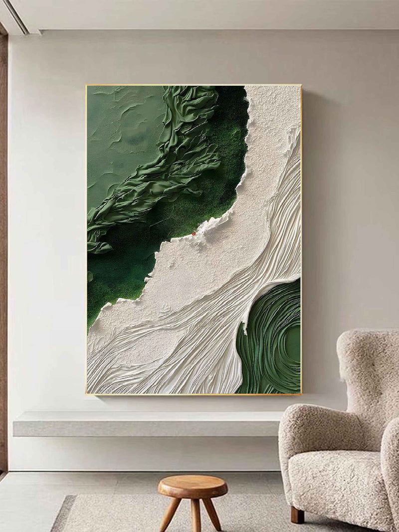 3D Green and White Abstract Canvas Painting Green and White Textured