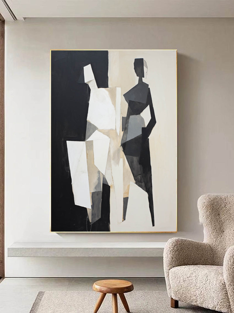 Black and Beige Minimalist Wall Art Black and Beige Textured Wall Art Abstract Painting of 2 Figures Contemporary Abstract Art for Sale