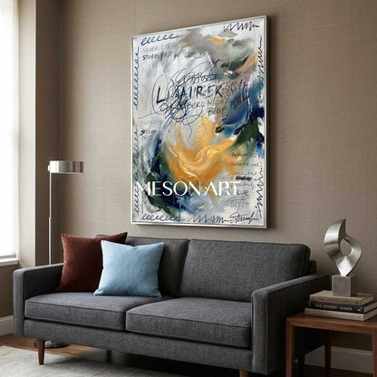 Large Abstract Oil Painting with Expressive Blue Gold Texture Office