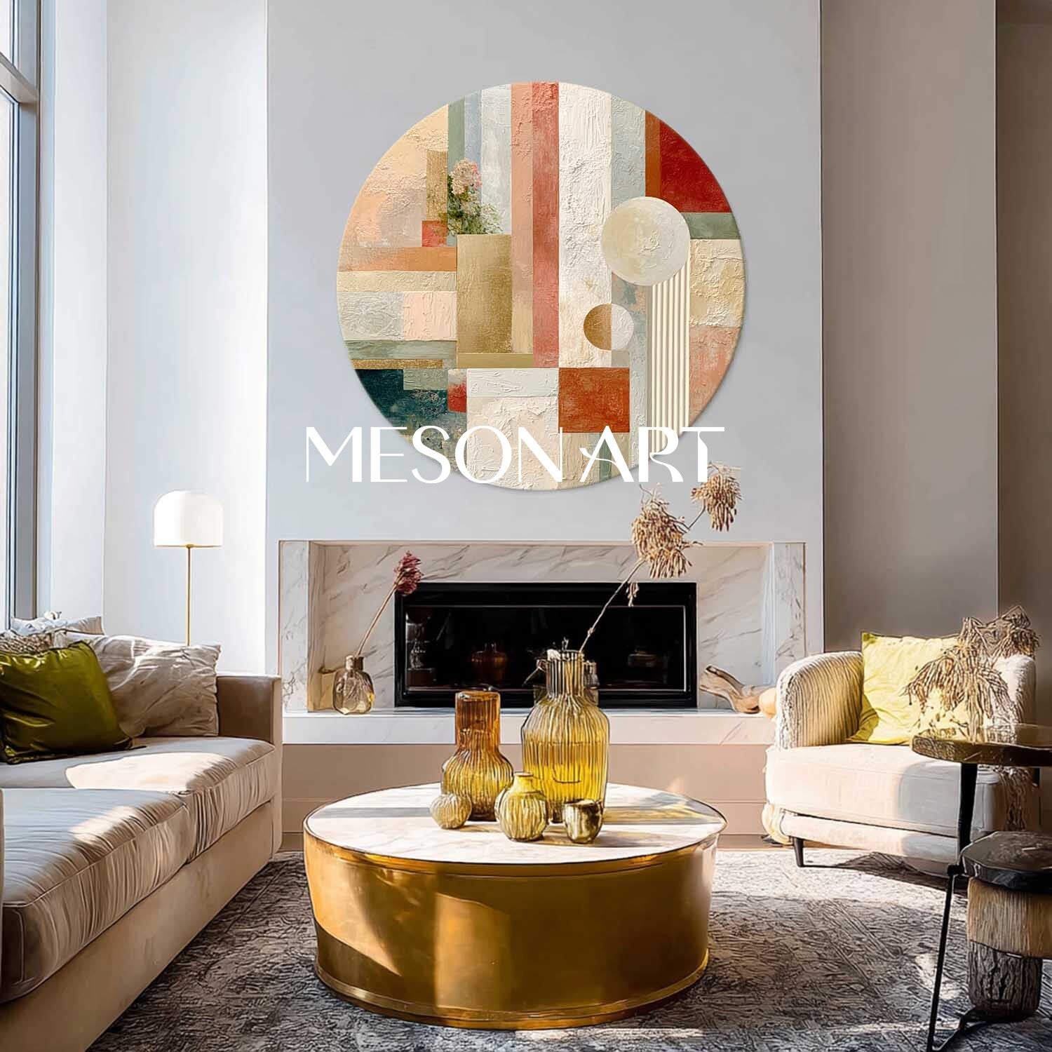 Large Round Abstract Wall Art – Neutral Beige & Gold Canvas