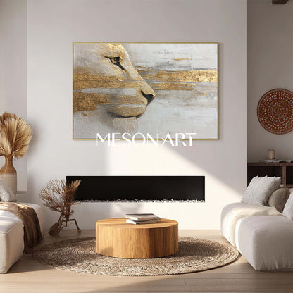 Large Lion Canvas Wall Art Hand-Painted Golden Abstract Animal Painting