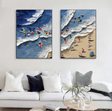 Large Seaside Beach Canvas Oil Painting Set of 2 Wave Beach Texture Wall Paintings For Sale